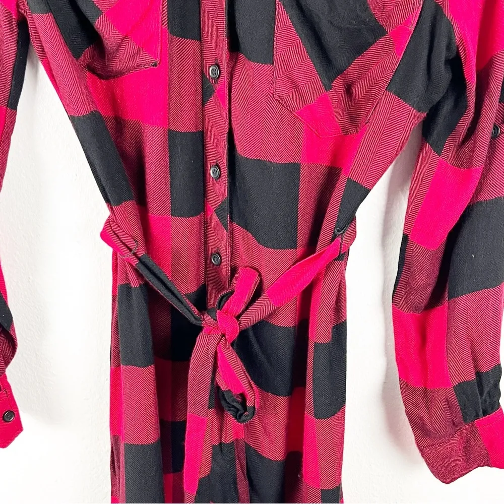 BEACH LUNCH LOUNGE Black & Red Checkered Belted Front Button Shirt Dress Small - Image 8