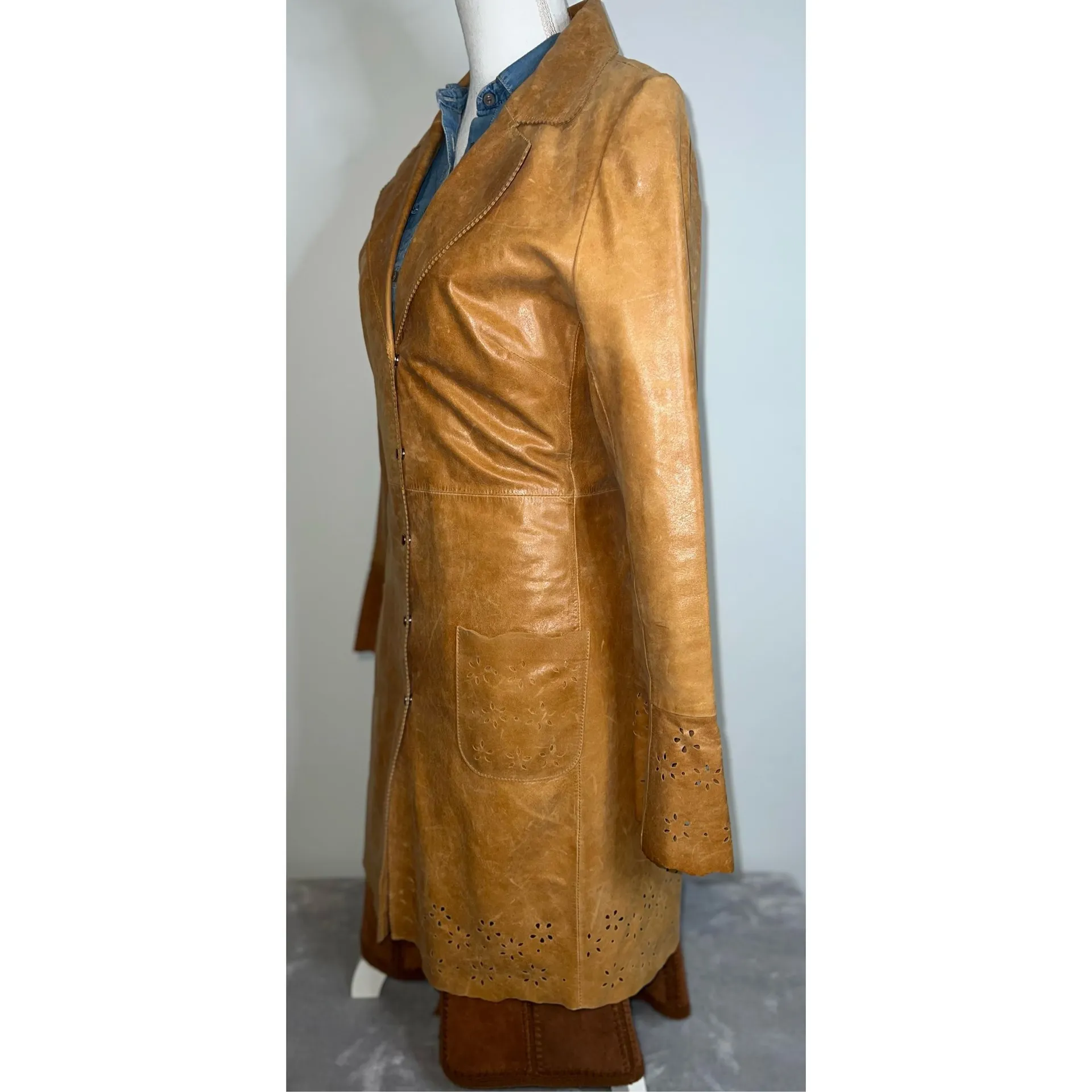 Wilsons Leather Duster Caramel Tan Trench Eyelet 70s Pearl Snaps Coat - Image 9
