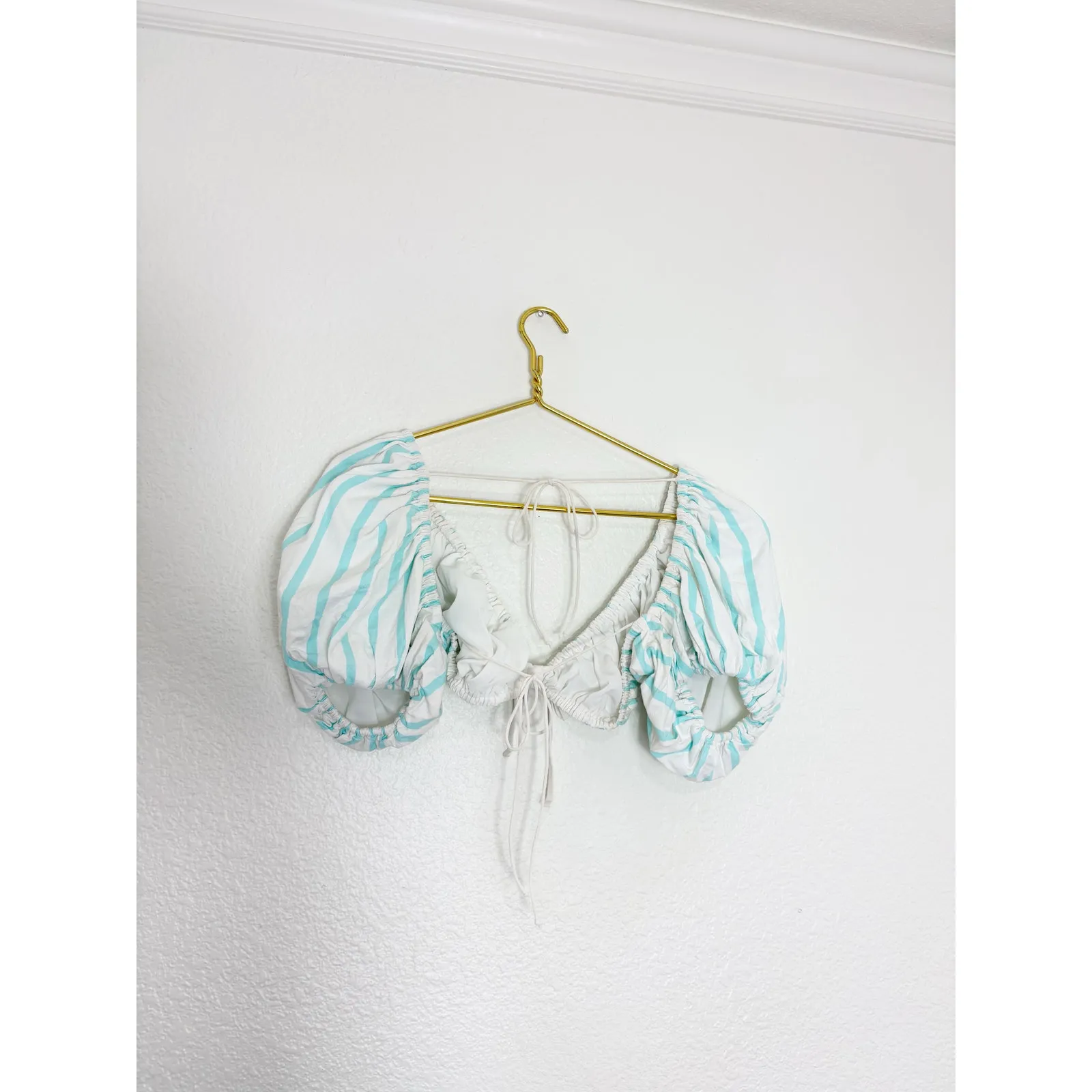 For Love & Lemons Myla Crop Top Size Large Tie Back Striped Puff Sleeve Preppy Blue - Image 12