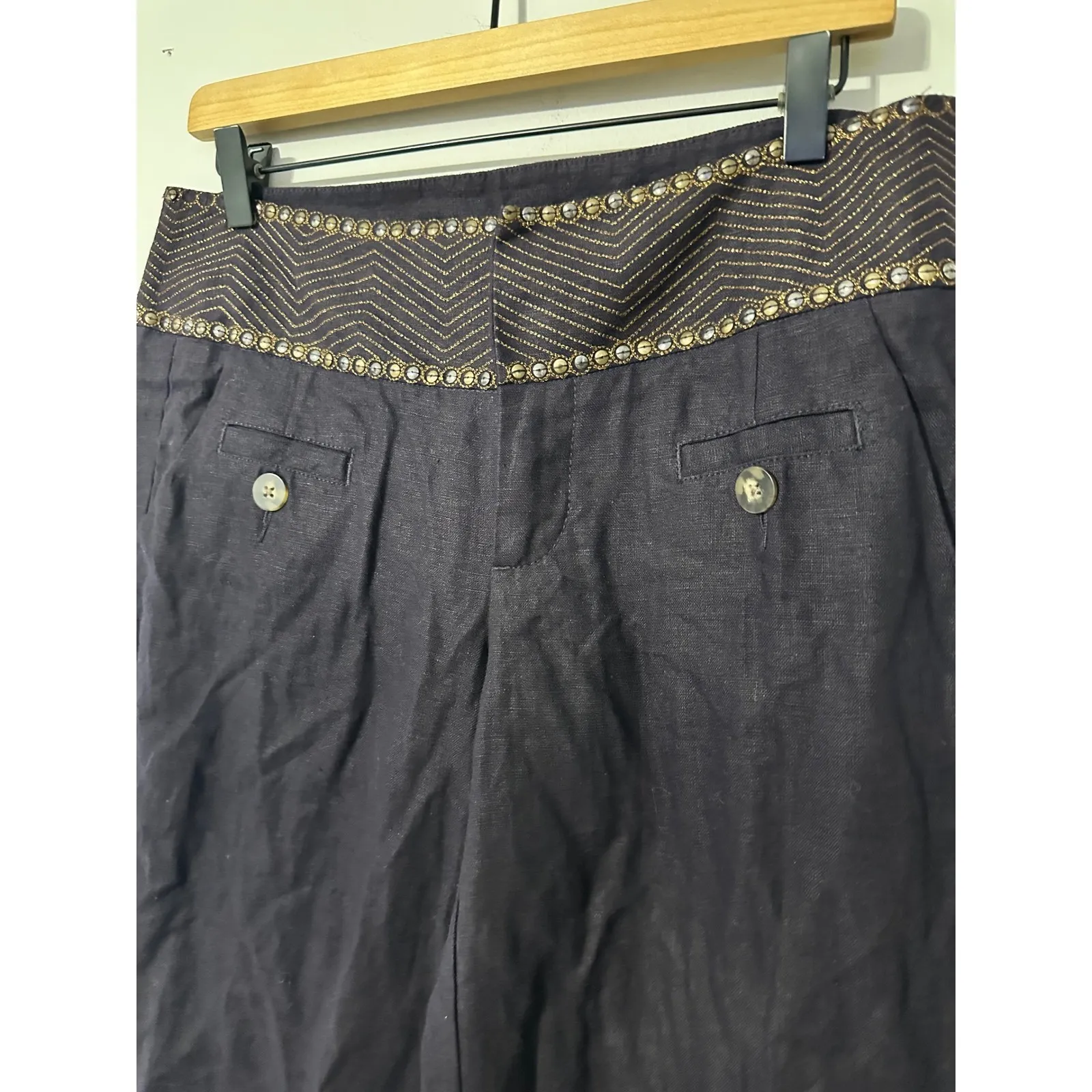IDRA ANTHROPOLOGIE Embellished Waist Wide Leg Linen Pants‎ SZ 6 Dark Academia Blue - Image 2