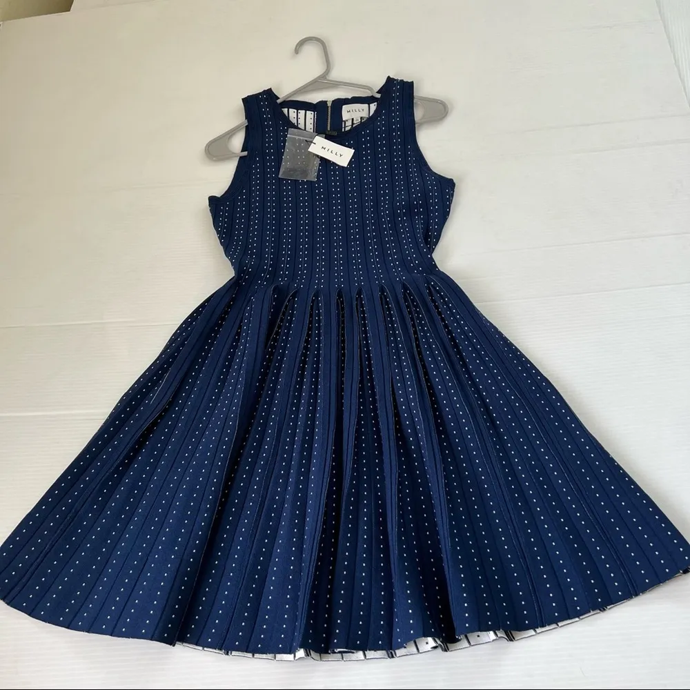 Milly NWT Pleated Dot Print Stretch Dress Blue White, - Image 3