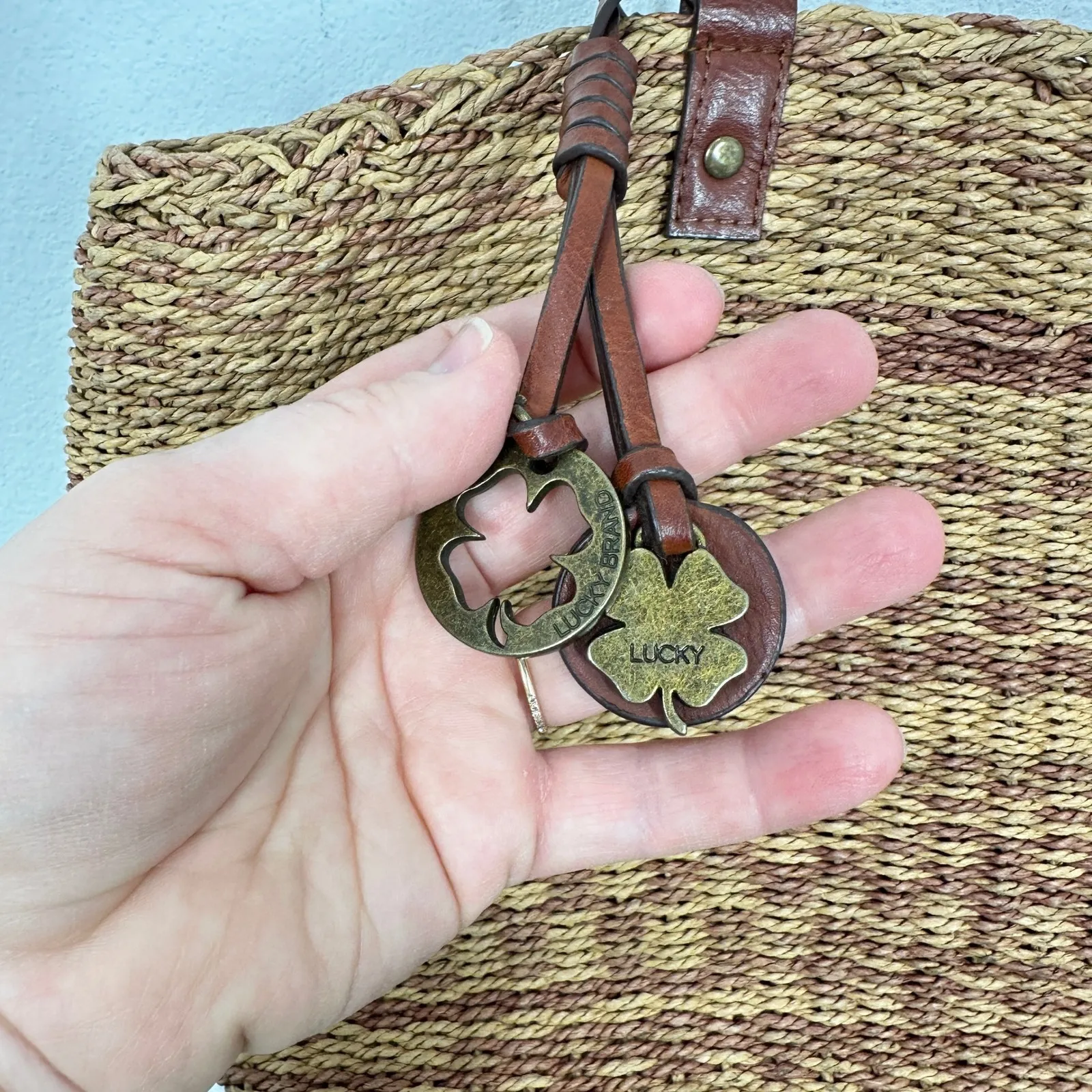 Lucky Brand Straw Tote Bag Brown Vegan Leather Trim Beach Summer Vacation - Image 12