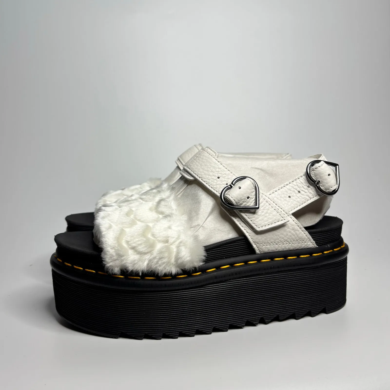 Dr. Martens Voss Heart Fluffy Faux Fur Platform Sandals in White Milled Nappa - Image 2