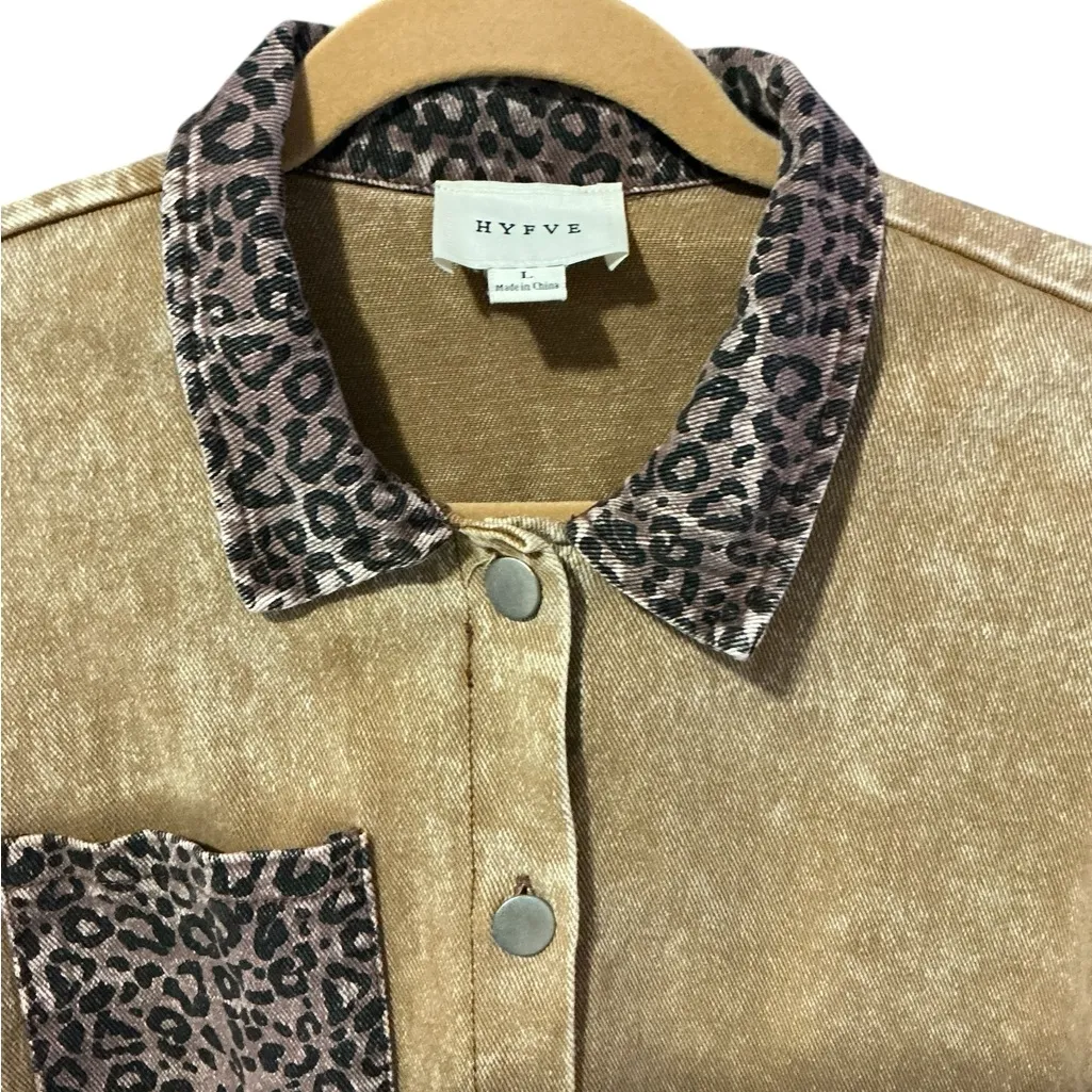 HYFVE Leopard Washed Denim Jacket L 23.5” p2p Brown Combo EUC - Image 3