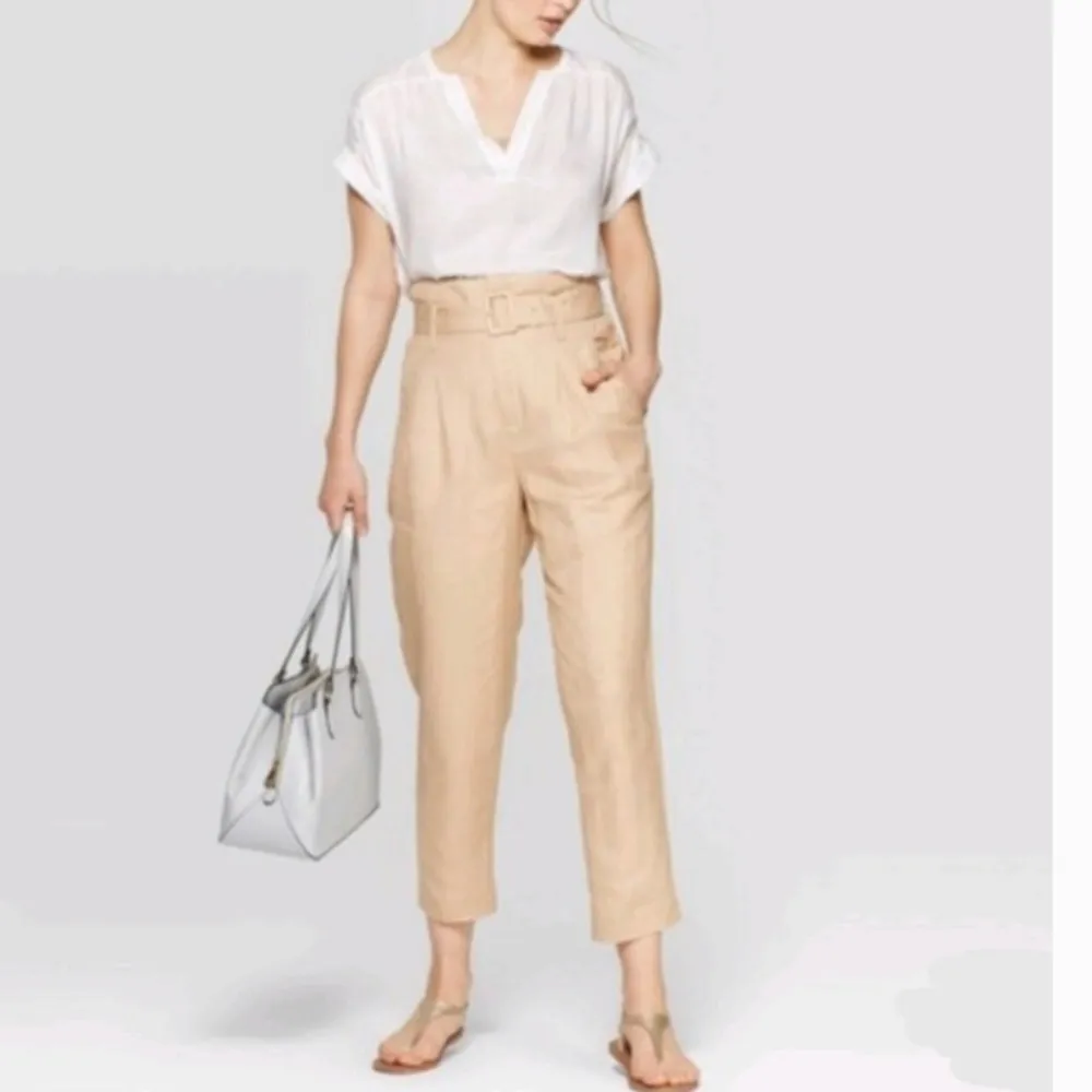 High Waisted Paper Bag belted Linen blend pleated front womens pants - Image 5