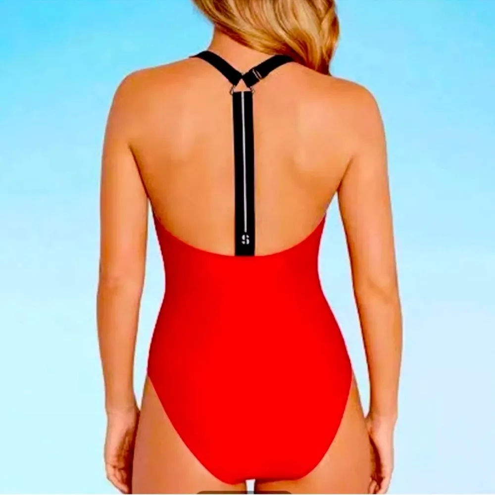 Sports Illustrated Red High Neck One Piece Swimsuit T Back Size Small - Image 2