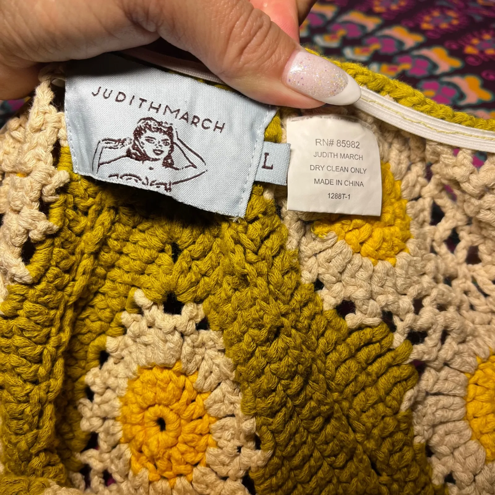 Judith March Crochet Daisy Halter Top Fringe Boho Festival Olive Yellow L - Image 6