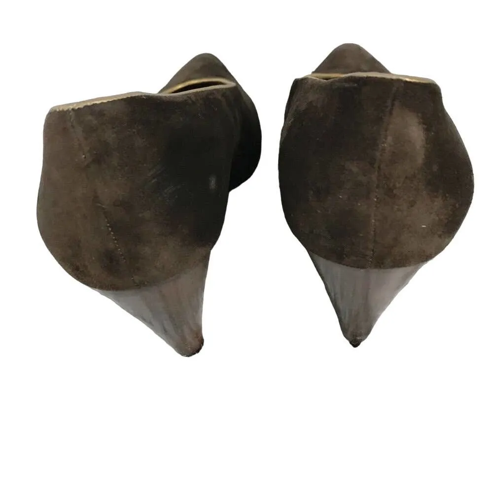 PETRA Brown Pumps Suede Gold Leather Trim Cone Heels Almond Toe Italy Size 7.5M - Image 6