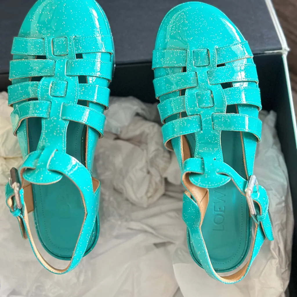 NWOT Authentic Loewe Turquoise calf-skin wedge women shoes/size6 - Image 6