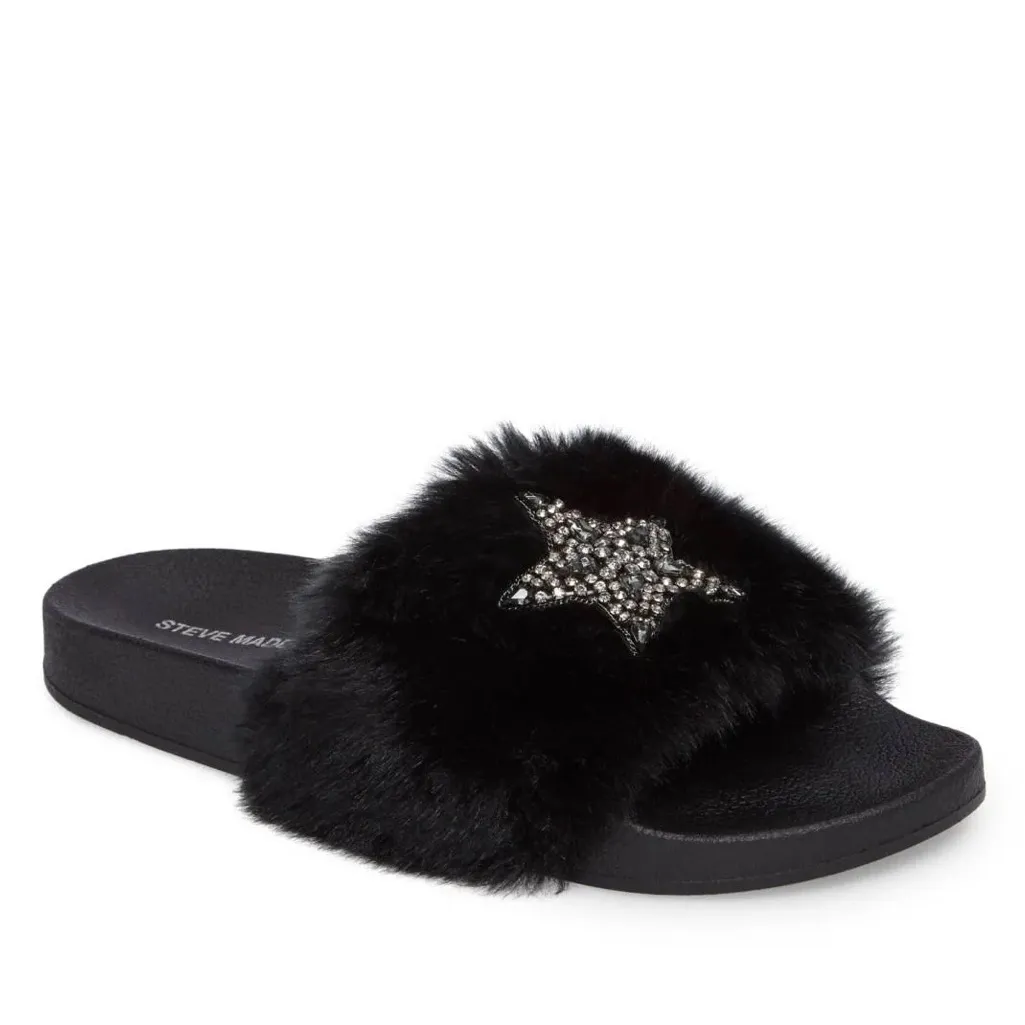 Steve Madden Black Faux Fur Shimmer Embellished Star Slide Sandals - Image 7