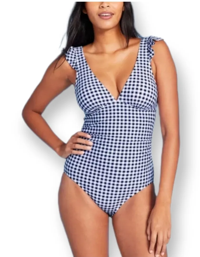 Kona Sol 22W Women's Ruffle Gingham High Coverage One Piece Swimsuit Navy White - Image 1