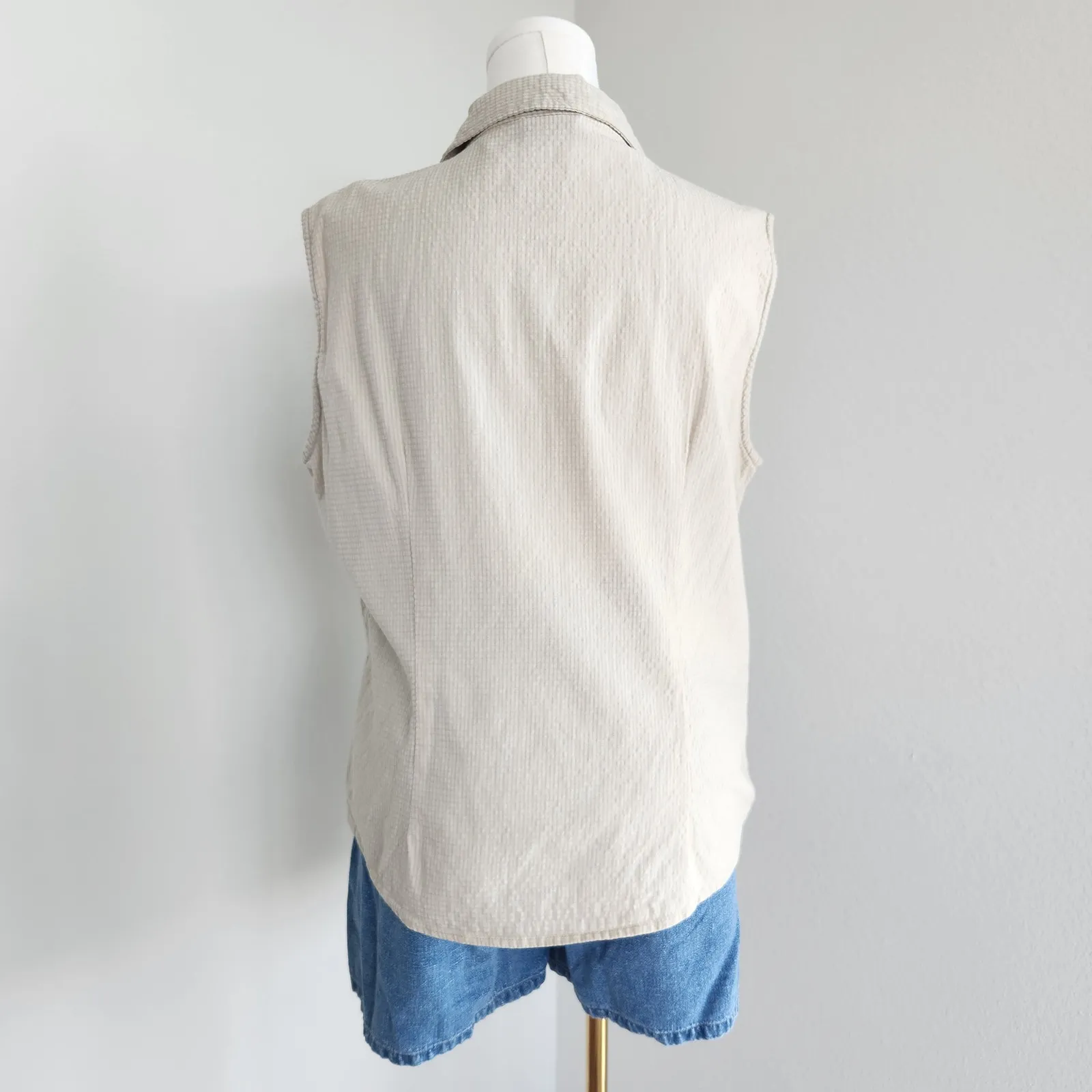 90s Classic Elements Tan White Plaid Sleeveless Flannel Shirt Button Down L - Image 5