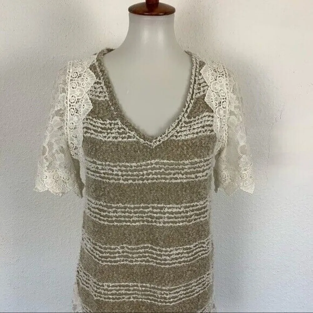 AReve Top Small Lace V Neck Short Sleeve Cottagecore Boho Tan - Image 2