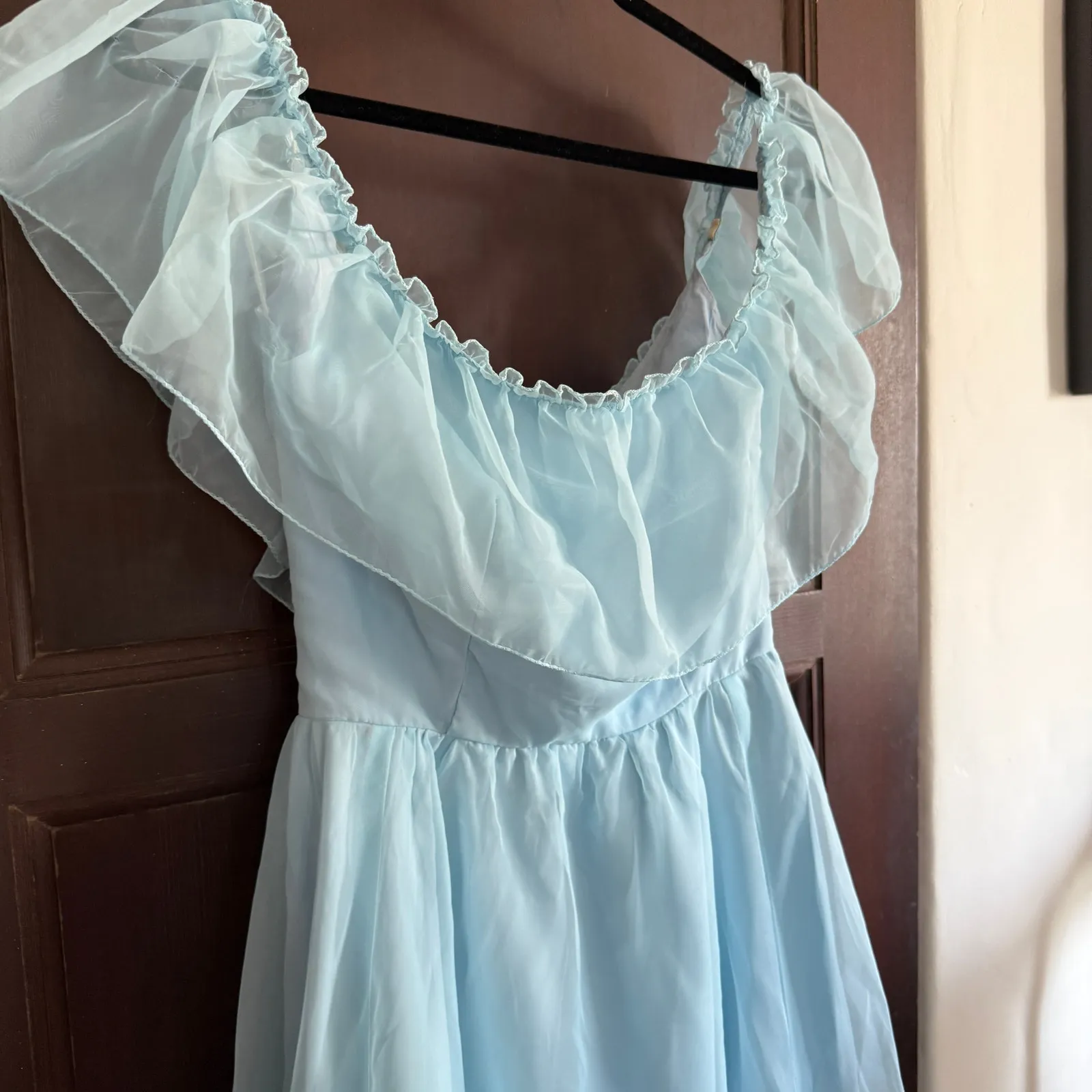 80s Vintage Baby Blue Ruffle Off Shoulder Chiffon Prom Dress with Gather Small - Image 6