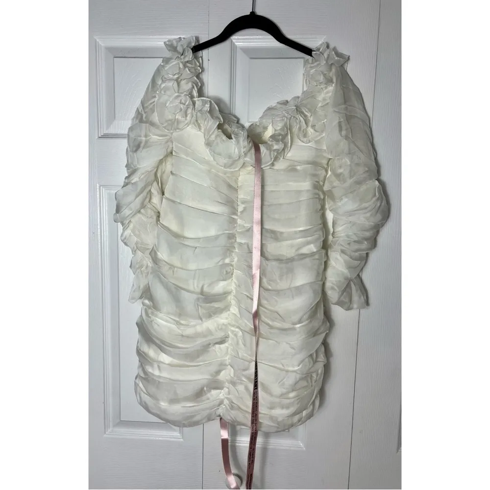 House of CB Astrid Ivory Chiffon Ruffle Bardot Ruched Mini Dress Size L+ - Image 11