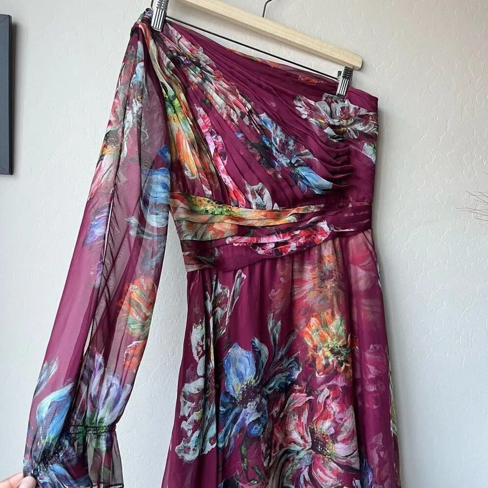 Marchesa Notte Burgundy‎ Floral Print One Shoulder Chiffon Midi Dress Size 2 Purple - Image 4