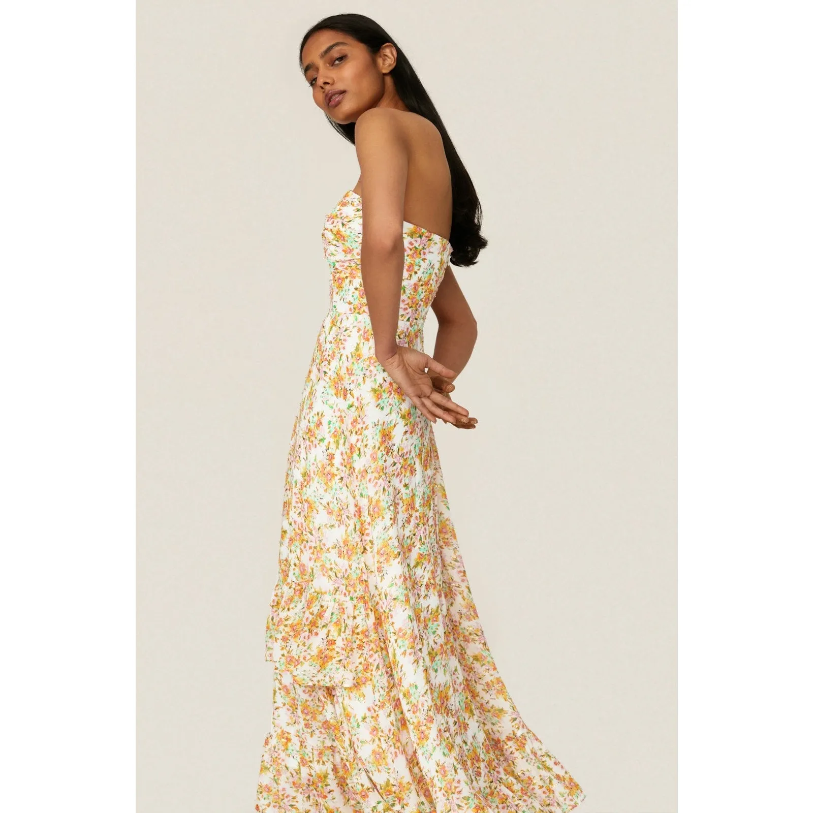 Shoshanna Remy White Orange Floral Print Strapless Ruffled Maxi Dress 8 - Image 2