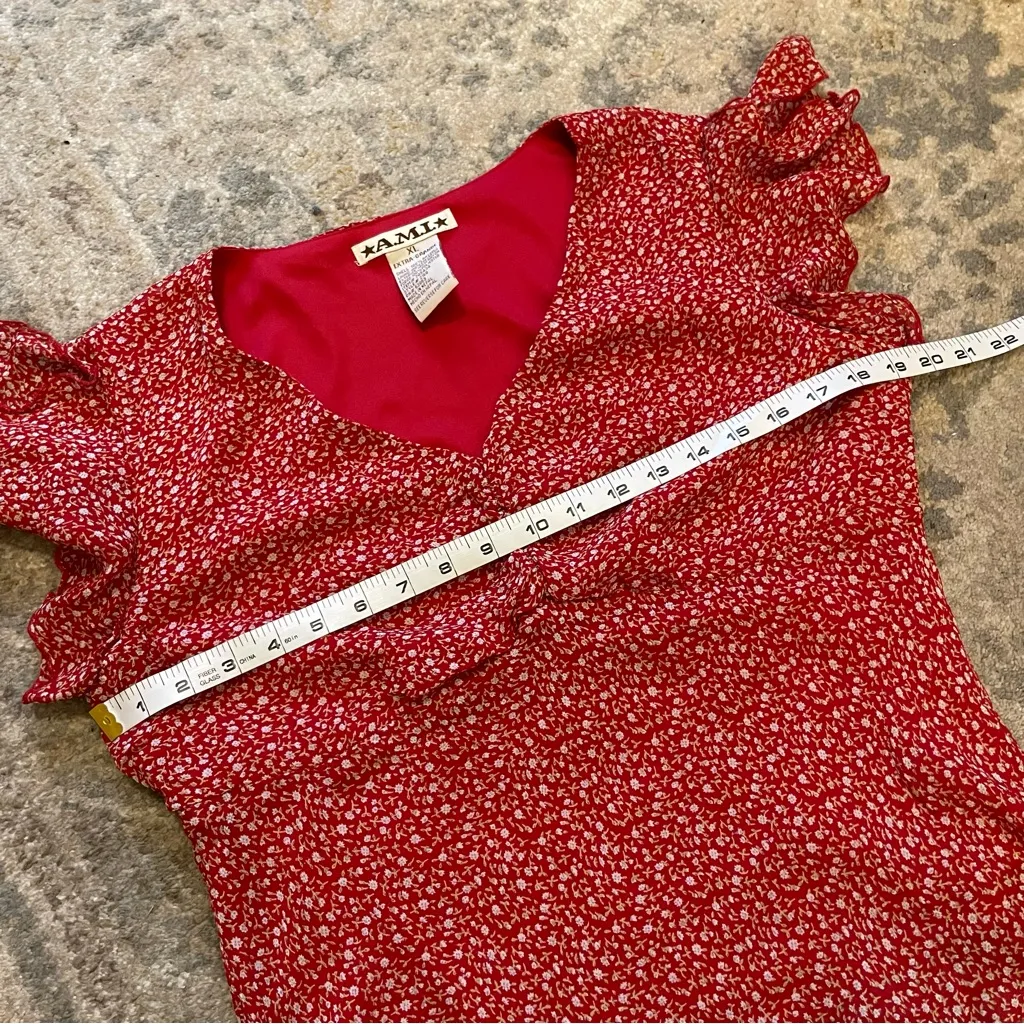 Y2K Vintage AMI Res Ditzy Floral Flouncy Cottagecore Short Sleeve Blouse XL Red - Image 6