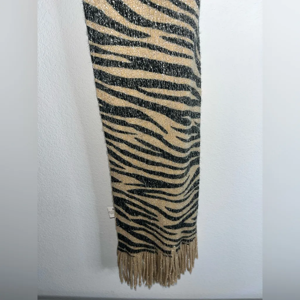 Pier 1 Imports Acrylic Reversible Scarf Beige ZebraPrint Glitter Metallic Fringe Tan - Image 13