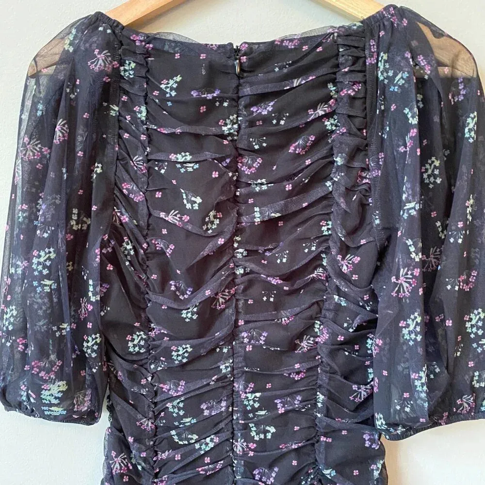 Et Clet Women's Small Puff Sleeves Ruched Floral Print Mini Dress Black Party - Image 13