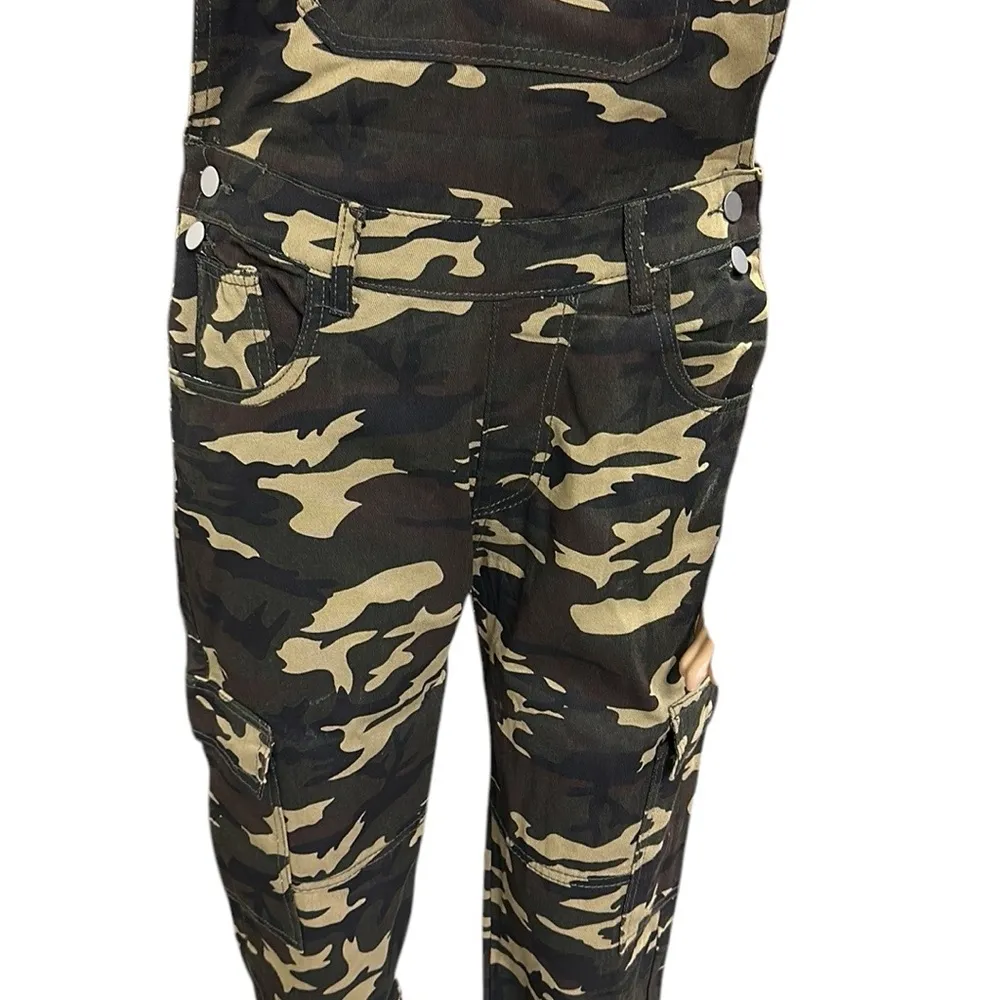 JK Miles Camo Overalls Jogger Ankle Cargo Pockets Jumpsuit Pants Womens Medium Green - Image 5