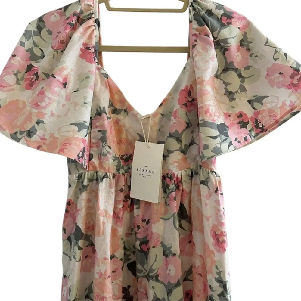 Sézane NWT Emeline Linen Midi Short Sleeve Floral Midi Dress in Romantic Flowers - Image 7
