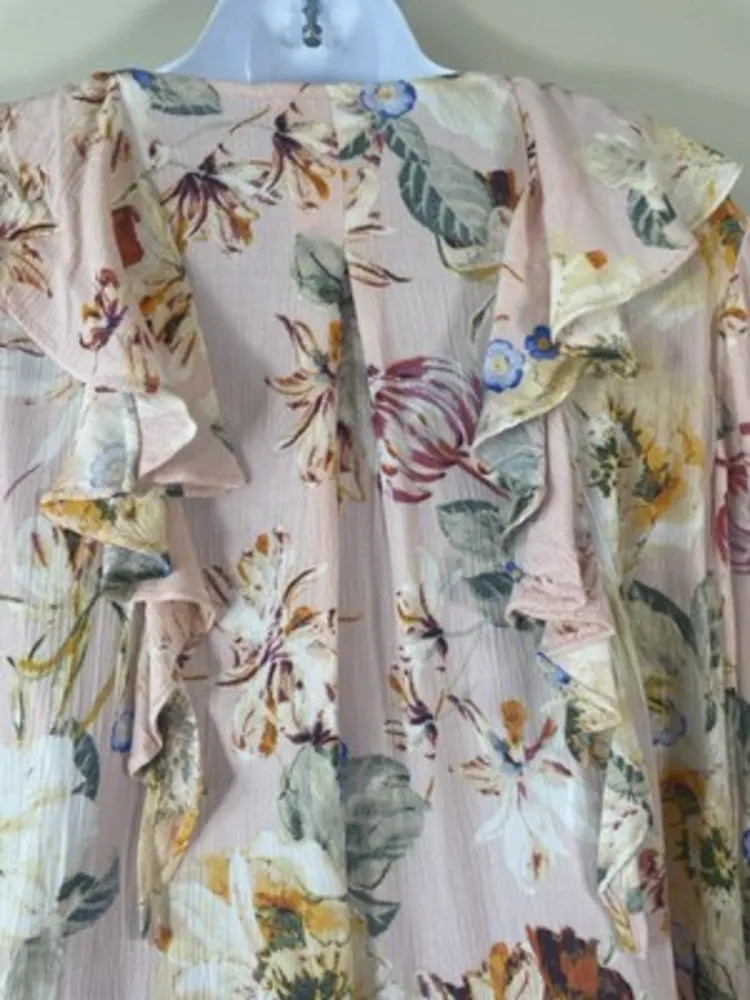 Haute Hippie Tribe Women’s Size L Pink Floral‎ Ruffle Top Boho Blouse Peasant - Image 5
