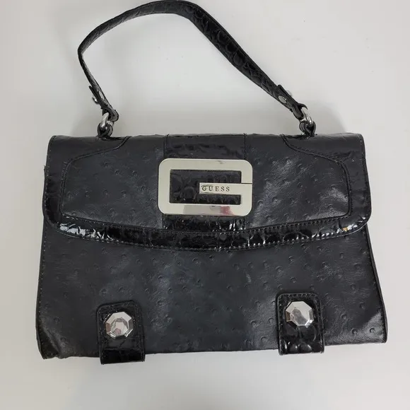 Guess Womens Shoulder Bag Black Ostrich Embossed Faux Leather Accordion Clutch - Image 5