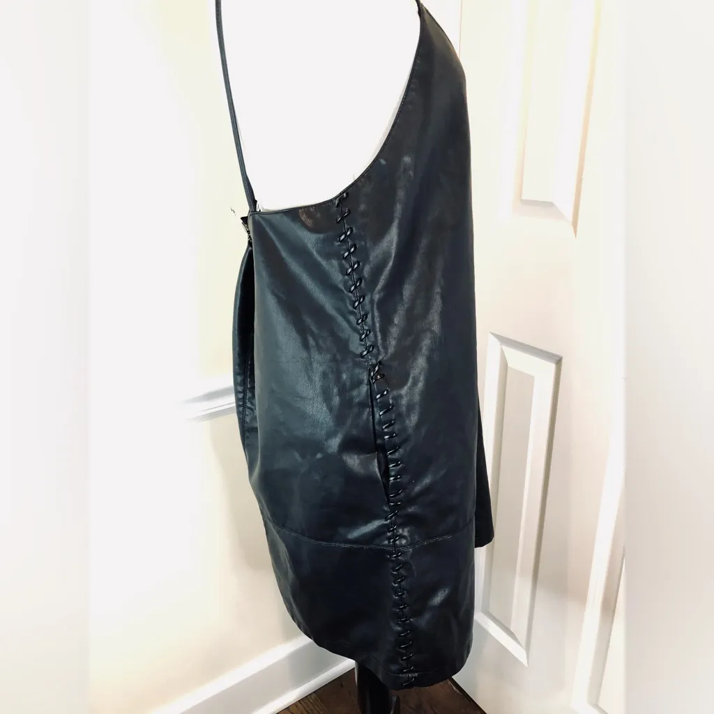 FREE PEOPLE Faux Black Leather Spaghetti Strap V-Neck Dress w Pockets Sz L - Image 6