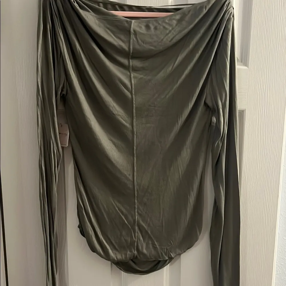 Free People Green Asymmetrical Ruched Long Sleeve T-shirt - Image 3