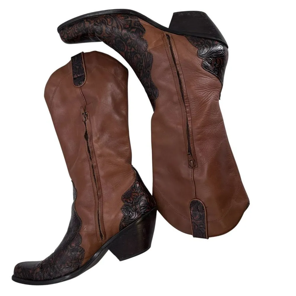 Coldwater‎ Creek Vintage Brown Tooled Leather Cowboy Boots Women's Size 10 M - Image 6