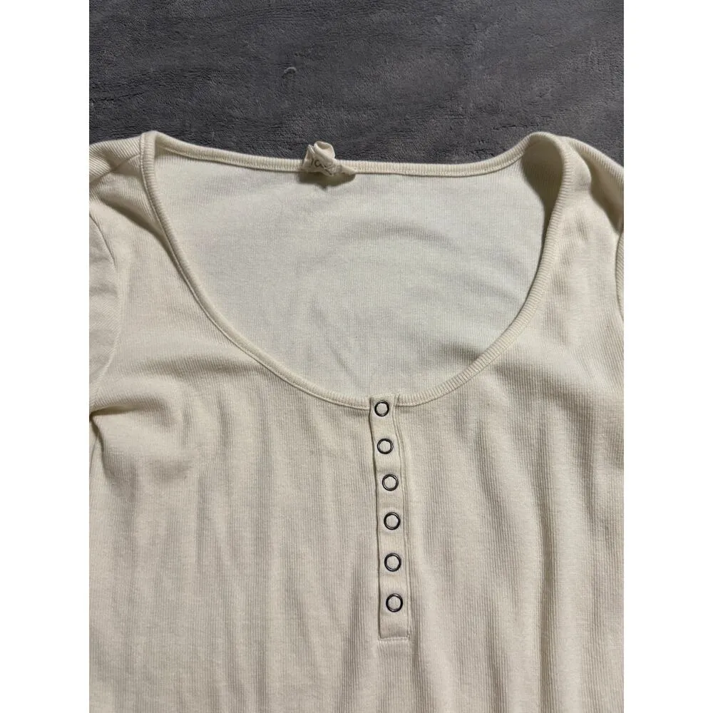 Open Edit SZ Large Women Cream Long‎ Sleeve Ribbed Bodysuit Organic Cotton Blend - Image 5