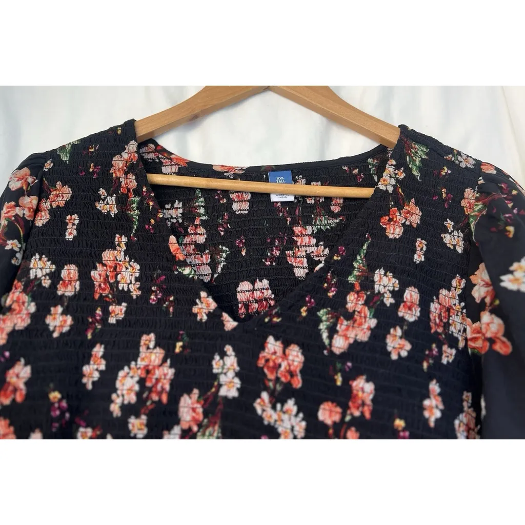 Old Navy Smocked Peplum Hem Top Womens Size XXL Black Floral V-Neck Long Sleeve - Image 2