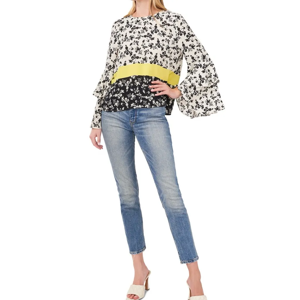 Vince Camuto Women's Printed Tiered-Bell-Sleeve Top White Birch Size Lar… - Image 3