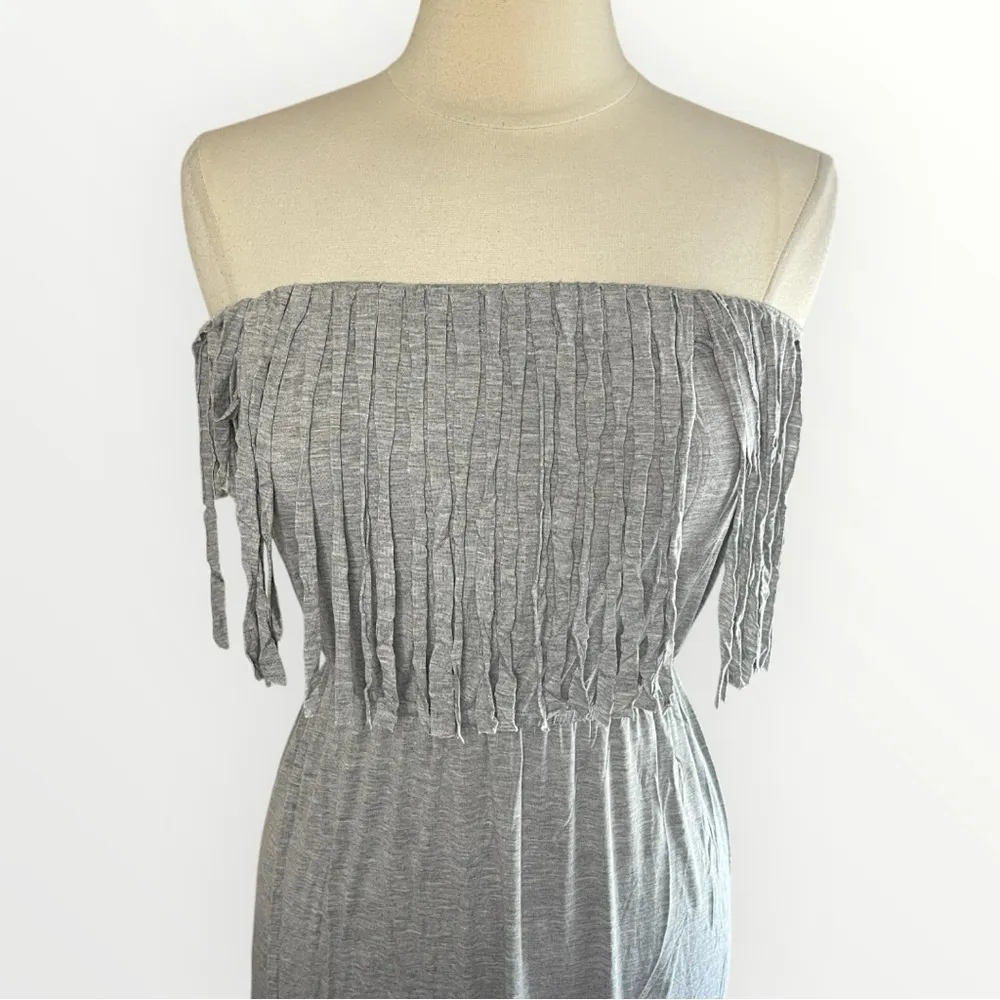 NEW‼️POL Gray Jersey Knit Strapless Maxi Dress with‎ Fringe Detail, Small - Image 3