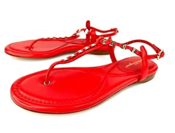 SALVATORE FERRAGAMO TAHITI CORAL LEATHER T-STRAP FLAT SANDALS SIZE 7.5 D - Image 1