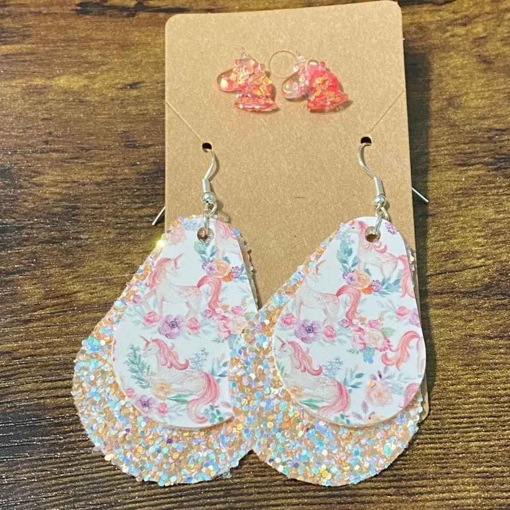 Women's Glitter Unicorn‎ Earring Set Dangle And Studs Peach Set Vegan Leather - Image 2