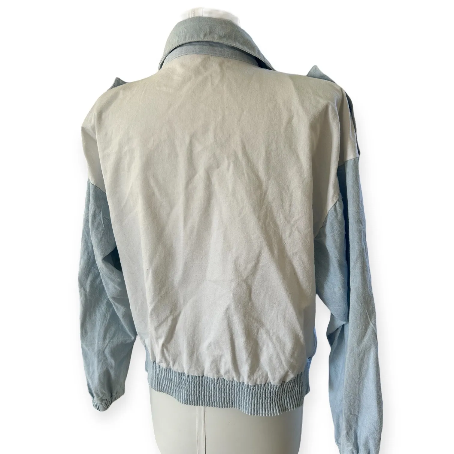 Vintage 80s FRESH Studded Gold Embellished Bomber Jacket Blue Cream Women's L Size L - Image 3