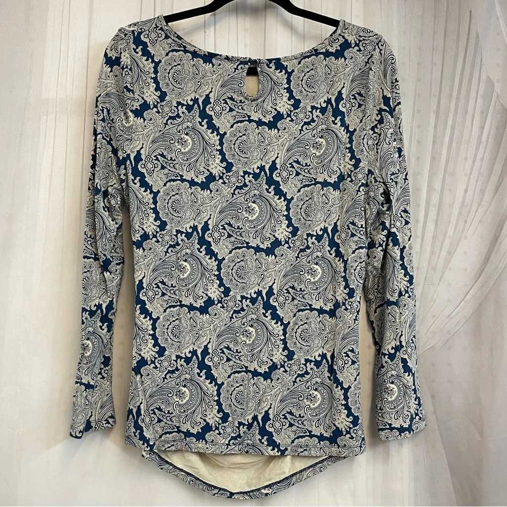 Talbots Blue Cream Paisley Long Sleeve Top Keyhole Quality Shirt Office L Large - Image 5