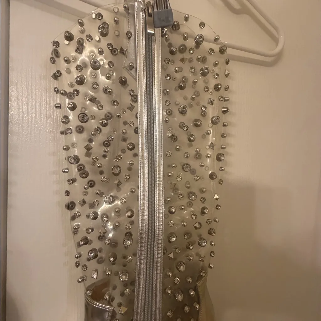 Glamorous Silver Studded Rhinestones w/side zipper Heeled Boots - Image 5