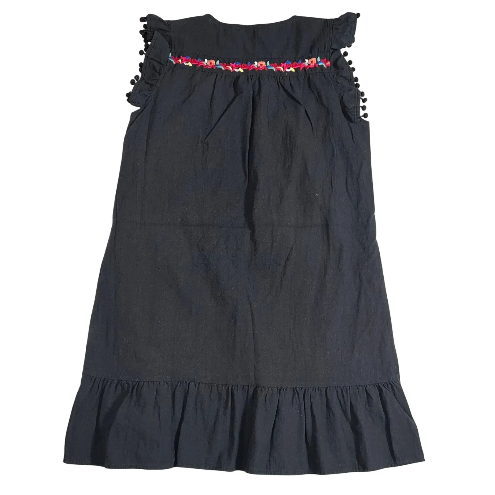 Kirundo Womens Cabo Embroidered Shift Dress Ruffled Sleeves and Hem Pom Pom Med Black - Image 3