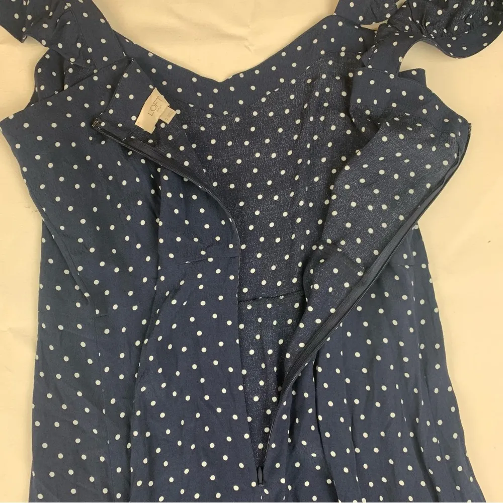 LOFT women's size 12 large outlet blue white Polka Dot Navy Dress ruffle sleeve - Image 6