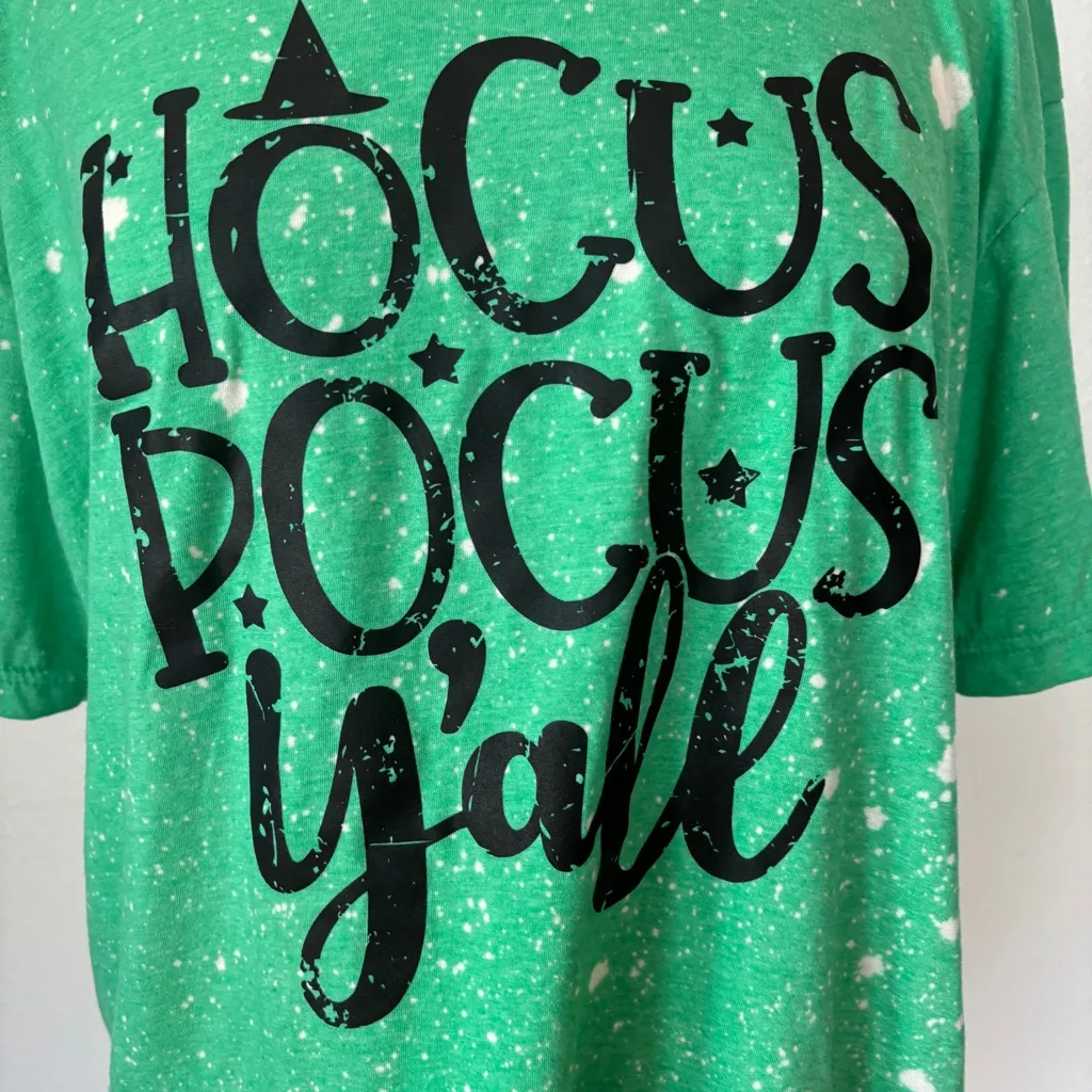 Hocus Pocus Y’all Green Bleached Short Sleeve Halloween T-Shirt - Image 2