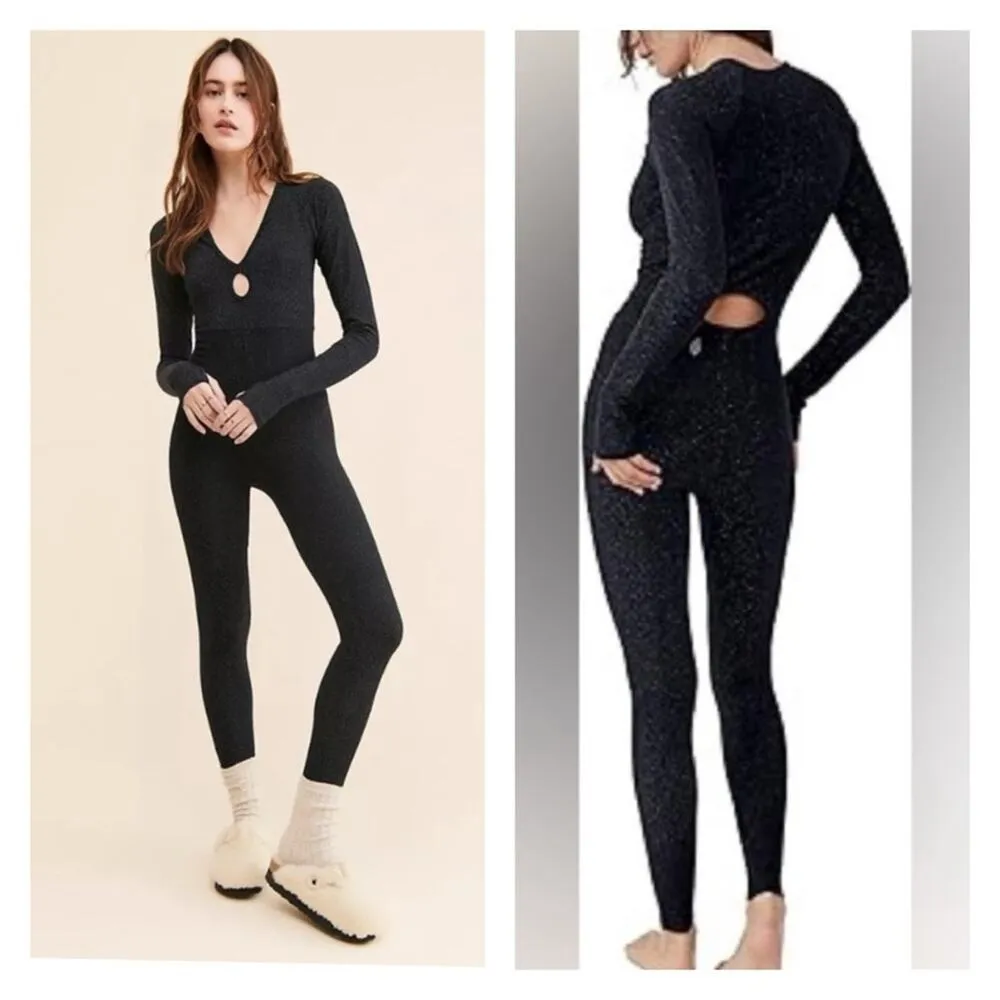 NEW Free People Movement Flash Forward Glitter Cut Out Back Jumpsuit  M/L Black - Image 5