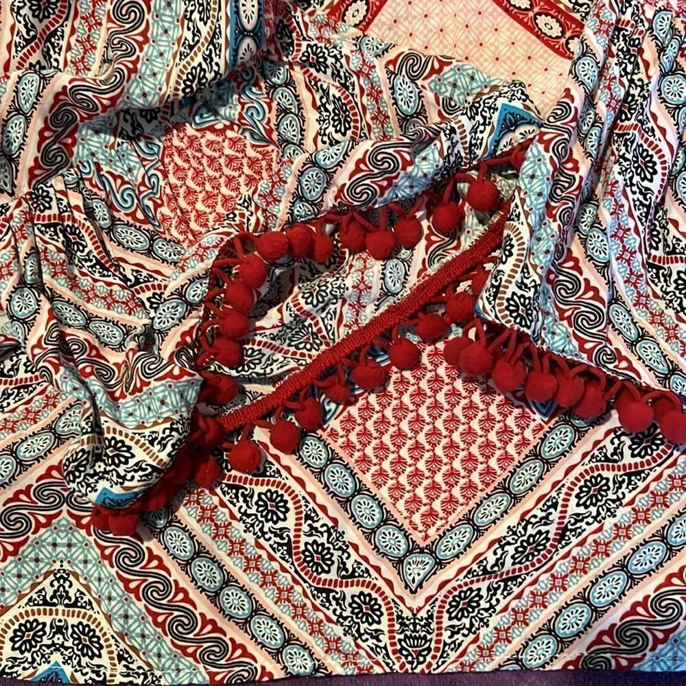 Grand & Greene off the shoulder ruffled sleeves w/ pom pom trim cute & colorful Red Size L - Image 9