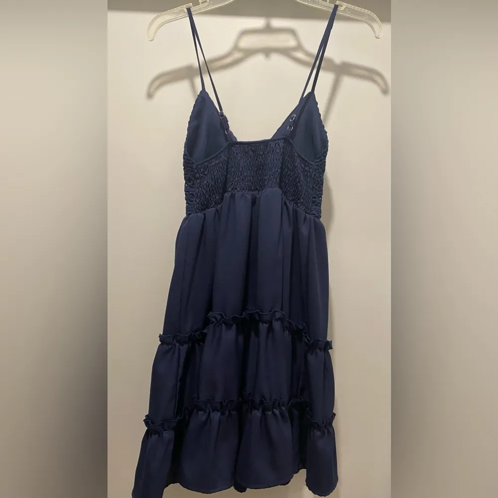 Navy Blue Spaghetti Strap Mini Dress Crochet Lace Bodice & Ruffle Hem - Image 6