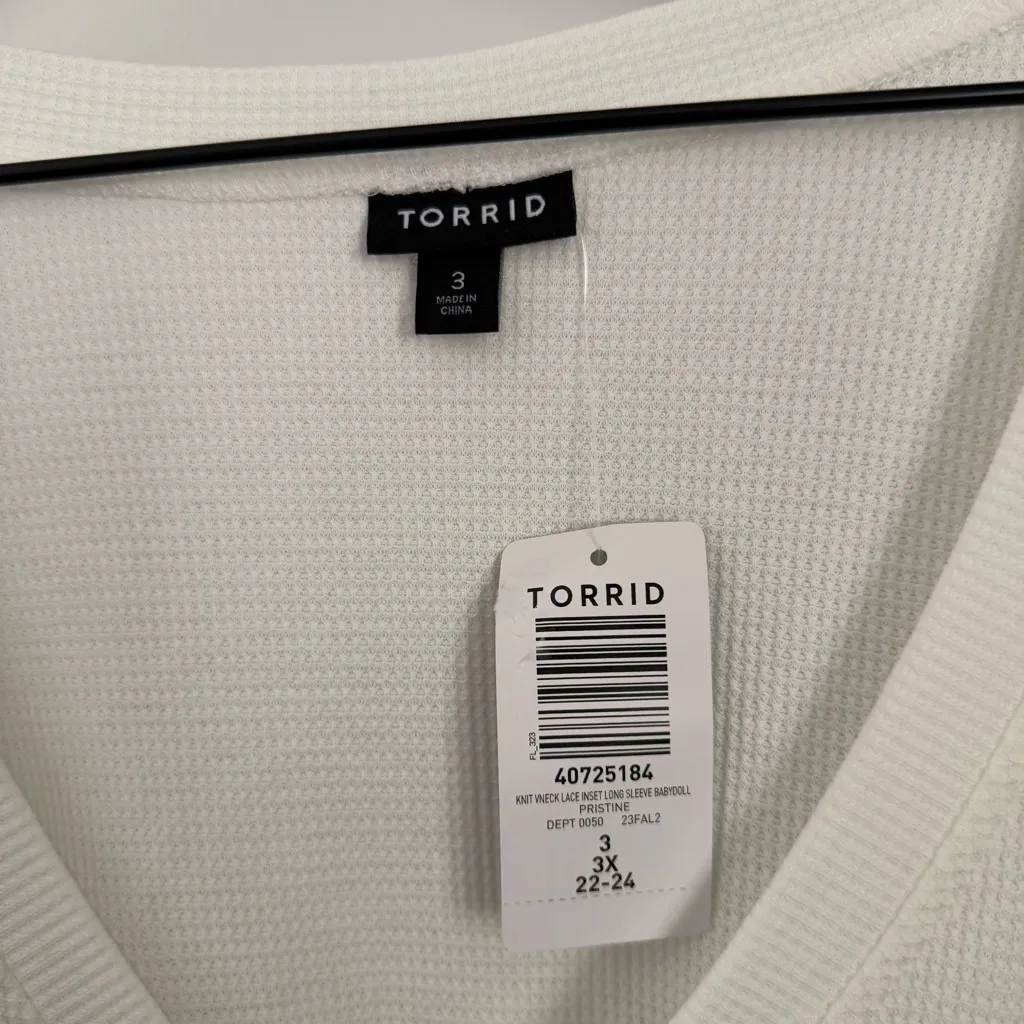 Torrid 3X NEW Knit V Neck Lace Long Sleeve Babydoll Top Ivory Coquette Fall - Image 4