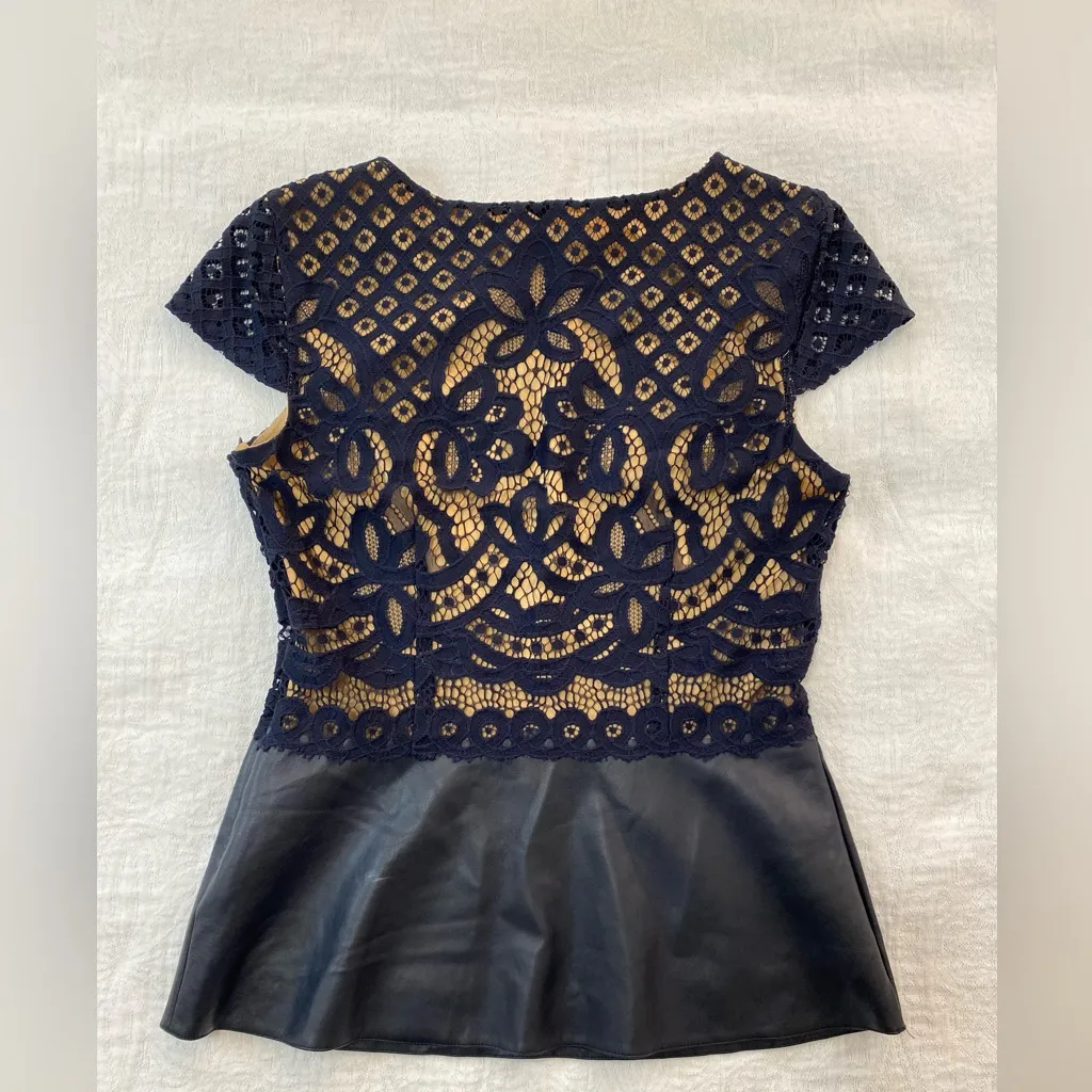 Bailey 44 Women Medium Black Lace Contrast Peplum Faux Leather Side Zip Top - Image 2