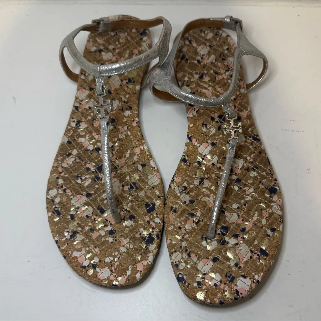TORY BURCH Marion Confetti Cork T-Strap Silver Metallic Leather Thong Sandal 7.5 - Image 3