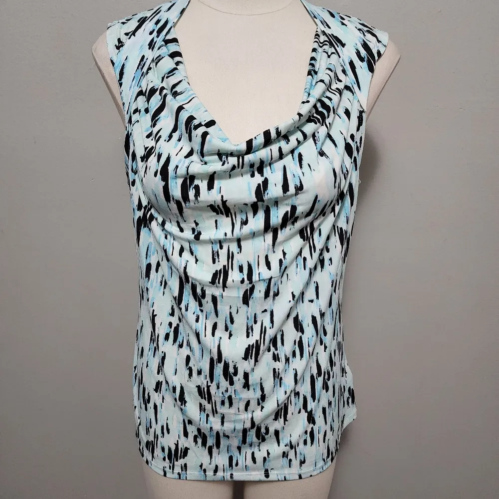 Kasper aqua printed sleeveless cowl neck blouse size medium - Image 2